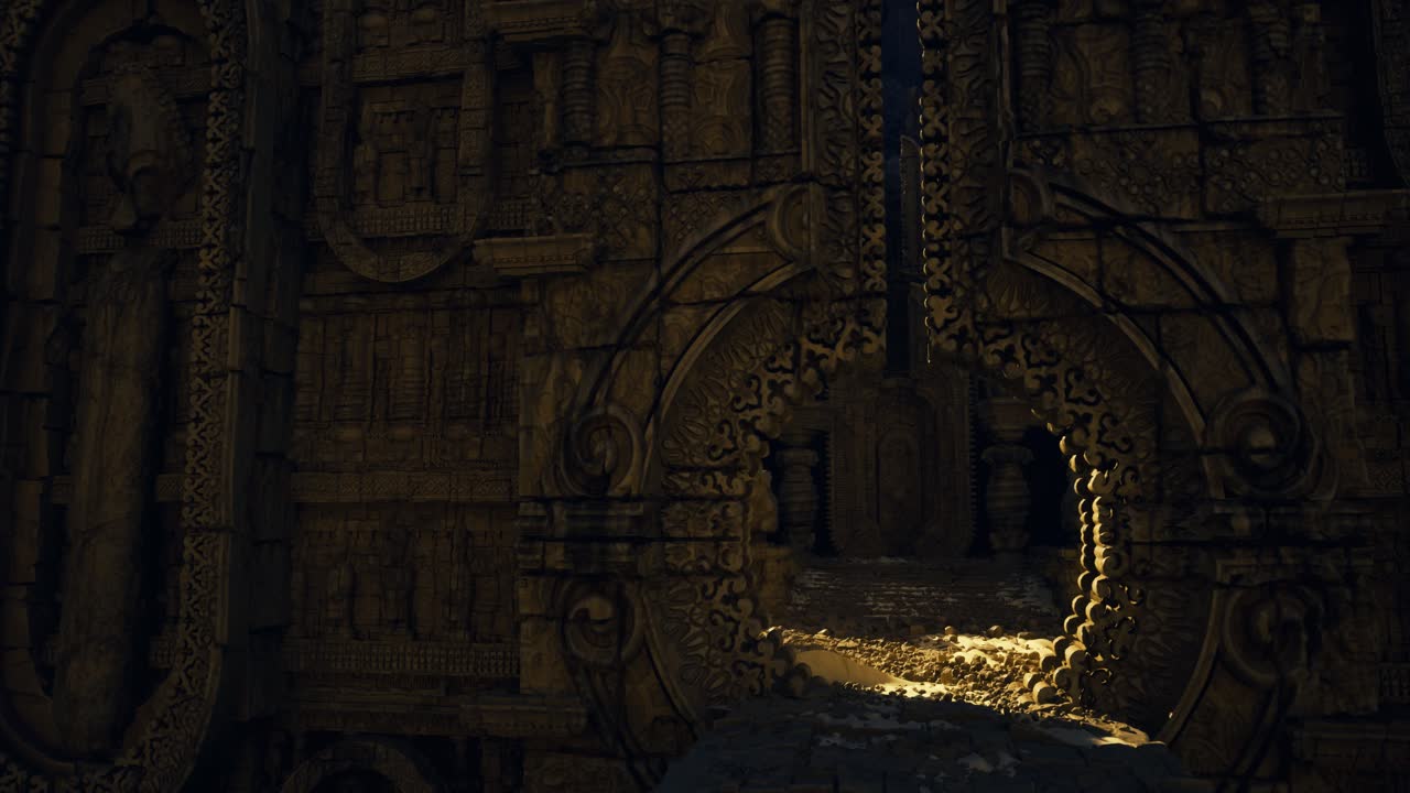 Ingresso storico arrotondato che irradia una brillante luce dorata con monete sparse.