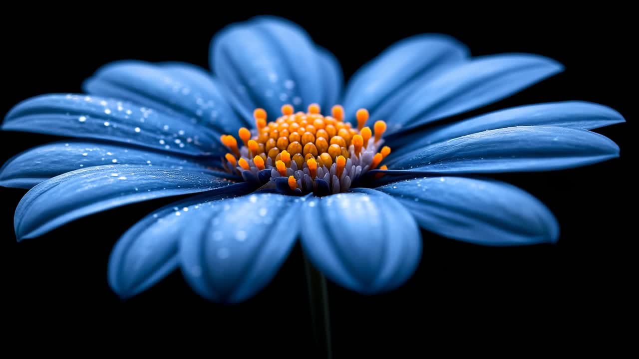 Bright blue flower, bold details. A close-up view of a blue flower, highlighting its vibrant petals and orange center, against a black background.