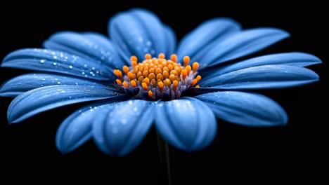 bright blue flower, bold details. a close-up view of a blue flower, highlighting its vibrant petals and orange center, against a black background.