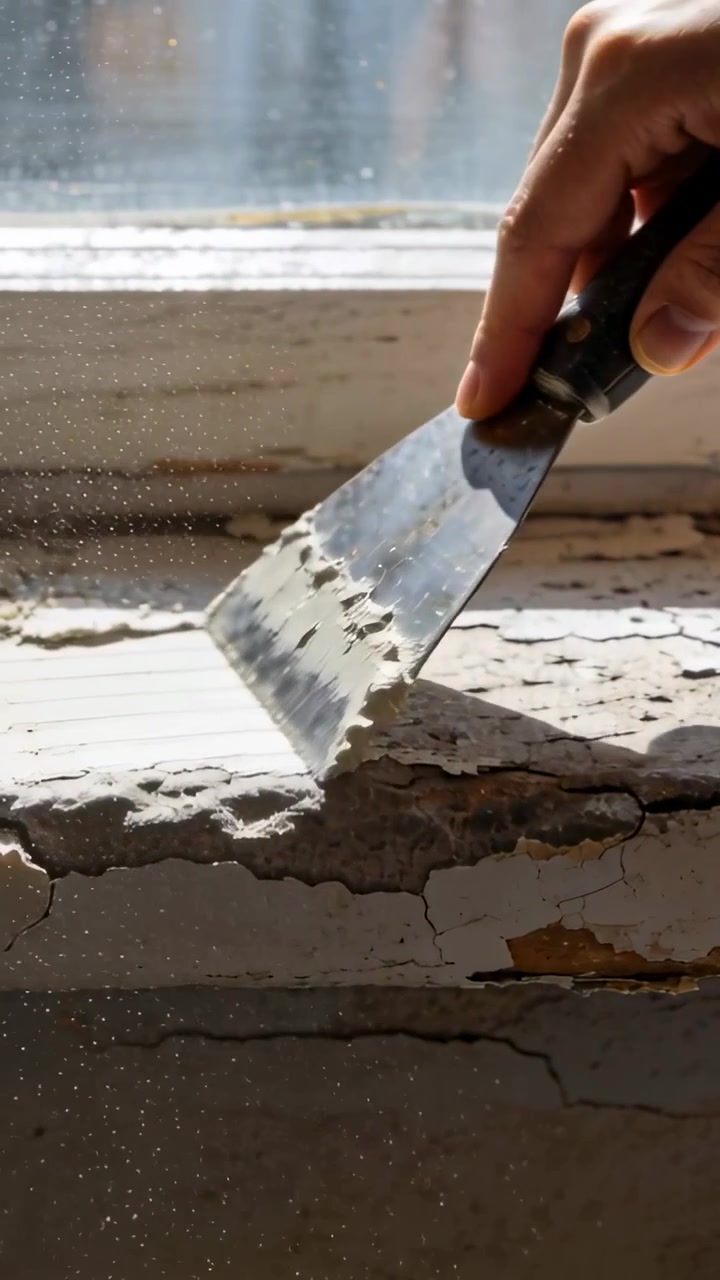 Vertical video: Placing metal scraper on cracked sill, bare hand removing flaking paint and filler