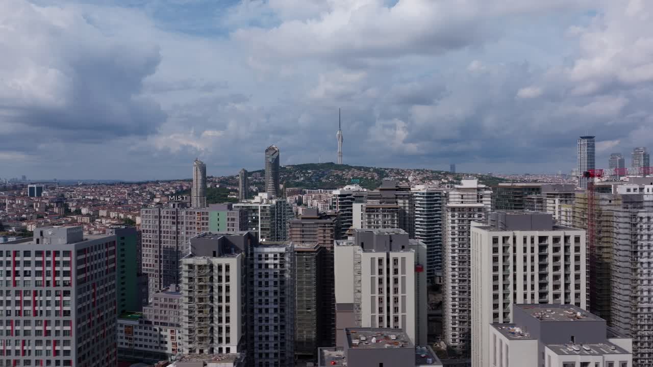 Beautiful drone footage of Çamlıca Tower, the tallest structure in Istanbul, Turkey. The video highlights the unique modern design of the tower surrounded by residential neighborhoods, green hills
