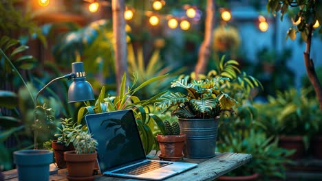 cozy garden workspace with laptop and plants