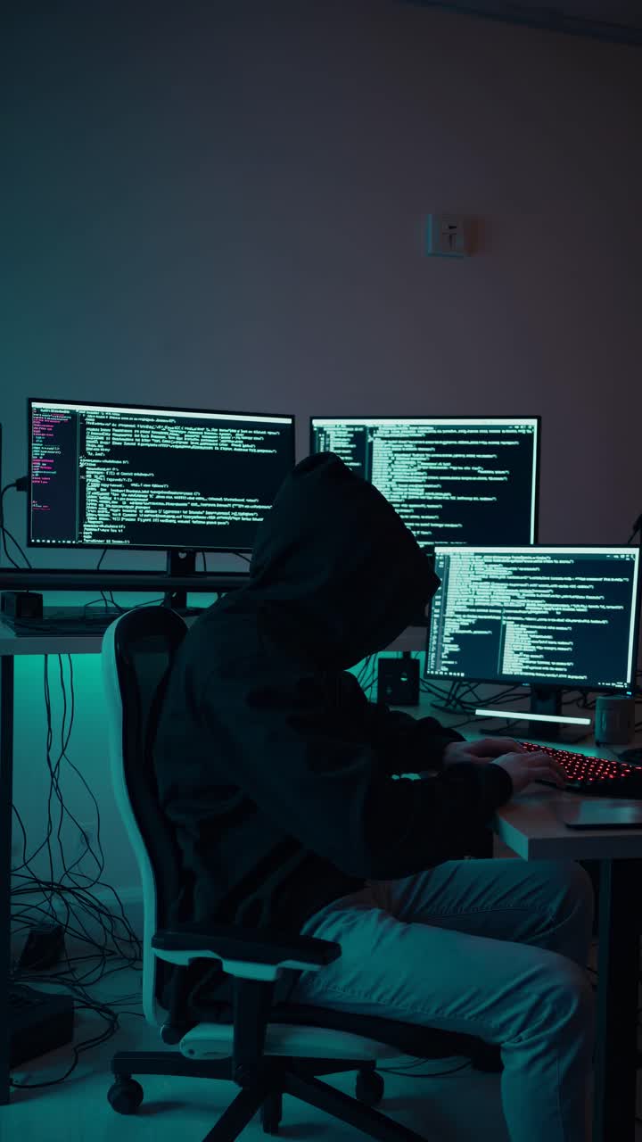 A hooded figure at a desk with multiple monitors displaying code, captured from a side angle