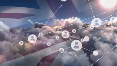 Animation-of-profile-icons-connecting-with-lines-over-flag-of-united-kingdom-and-cloudscape