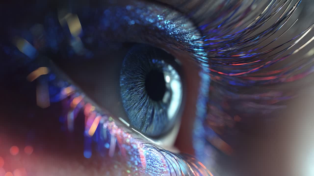A Captivating Close-Up of a Striking Blue Eye Enhanced with Glittering Makeup, Showcasing Intricate Details of Lashes, Eye Color, and Sparkling Cosmetic Effects in a Stunning Visual Composition