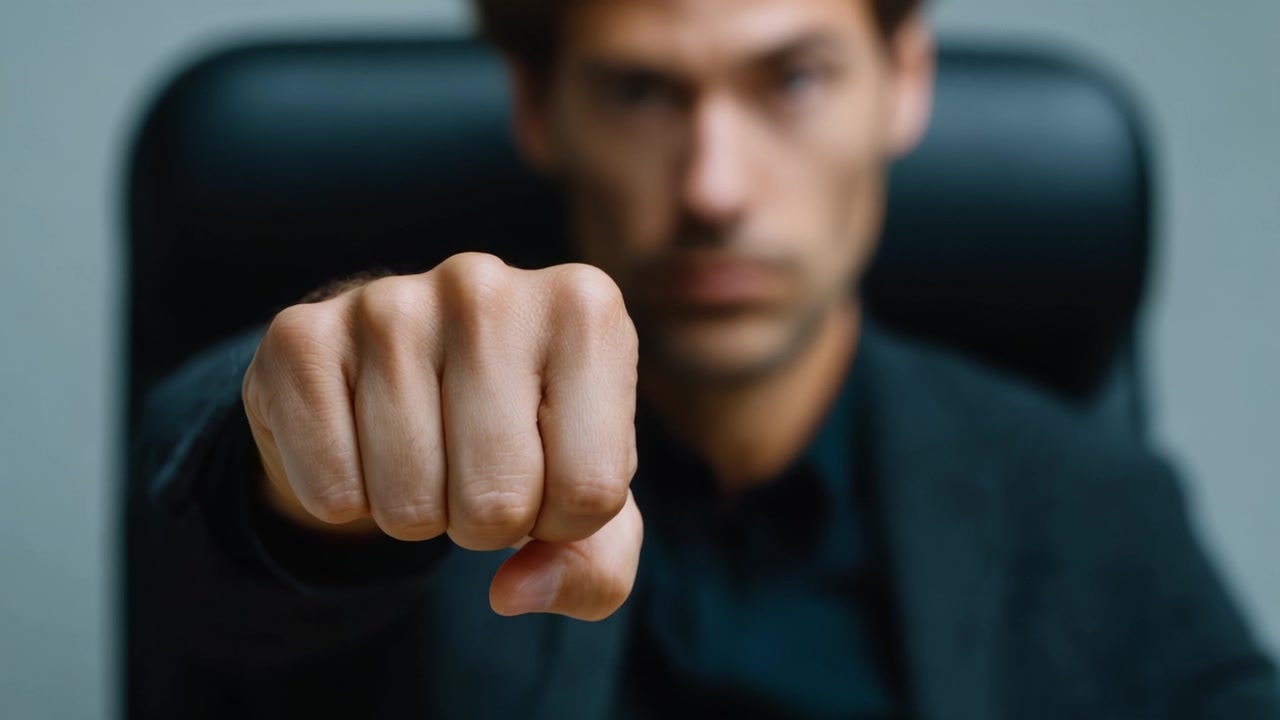 Un individuo seguro muestra con determinación un puño cerrado, simbolizando fuerza y determinación en un entorno profesional, con un telón de fondo enfocado.