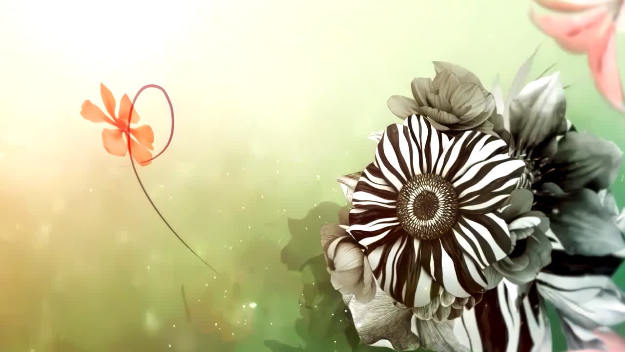 fantasía ambiente brillante paisaje de hermoso cielo matinal, montañas, flores, lago, casa antigua con animación simple en estilo acuarela de anime chino japonés