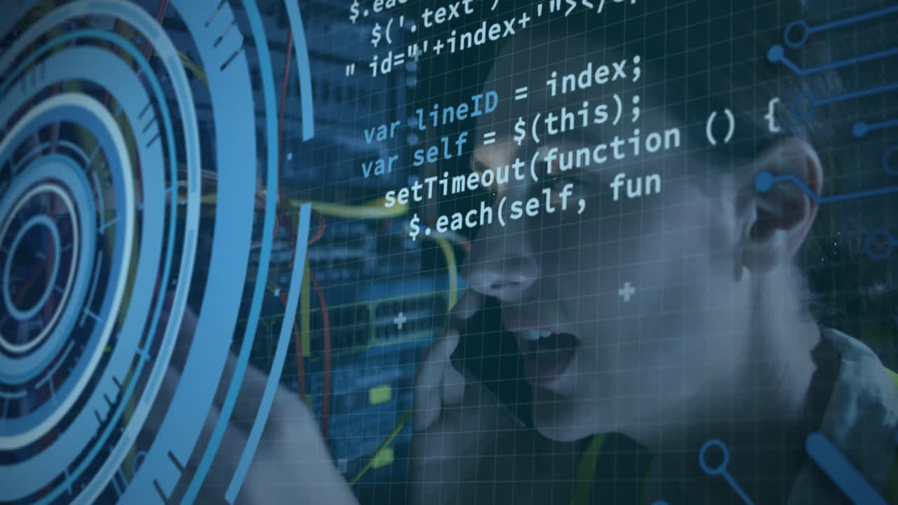 en la sala de servidores, código de computadora y procesamiento de datos animación sobre mujer hablando por teléfono
