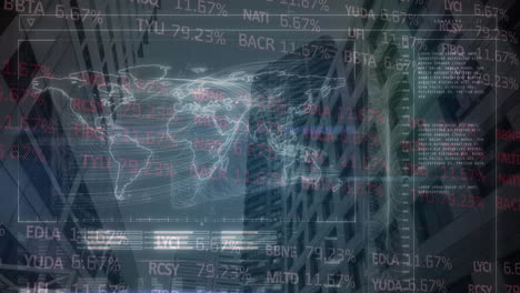 Sunny office building showcases global business finance data on a digital screen.