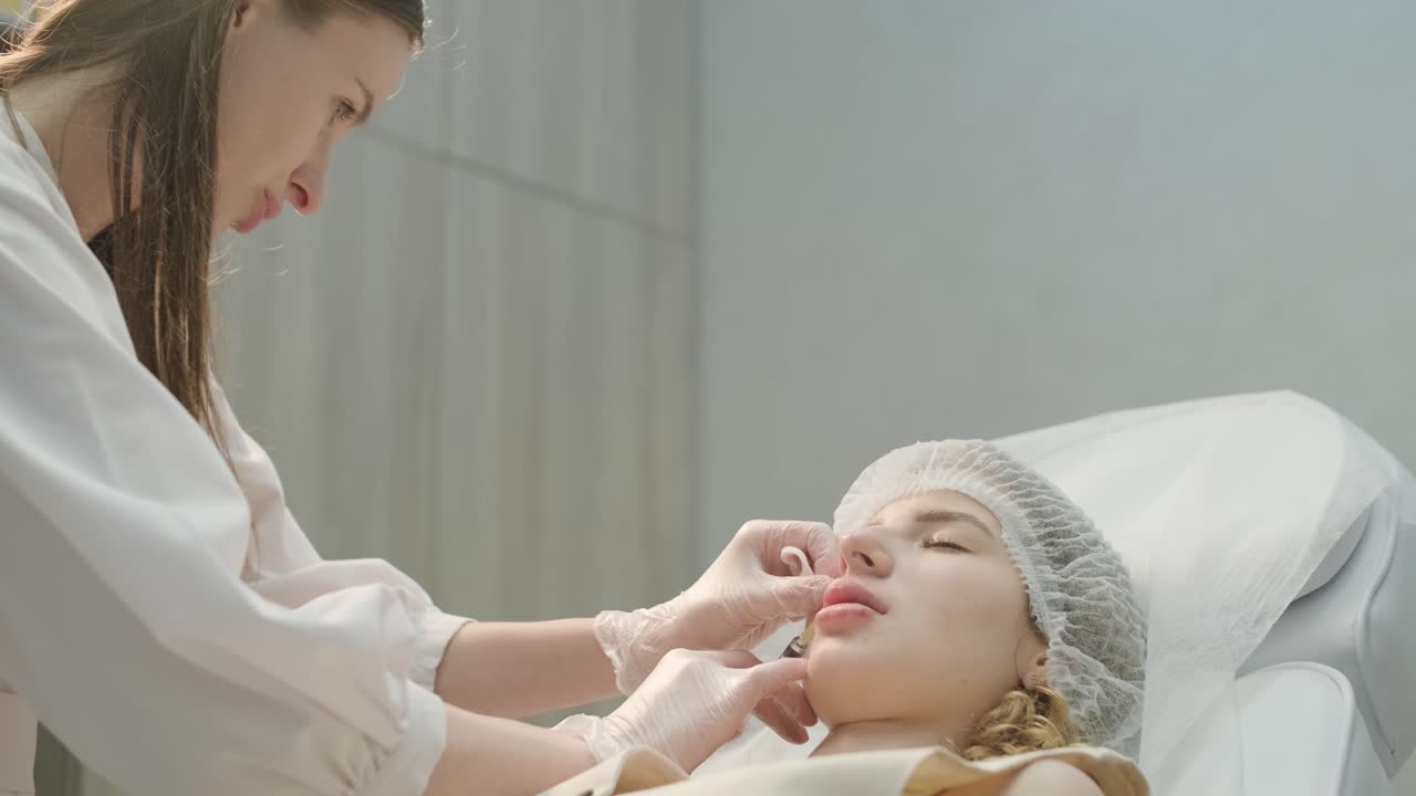 얼굴 주사를 수행하는 미용사의 클로즈업