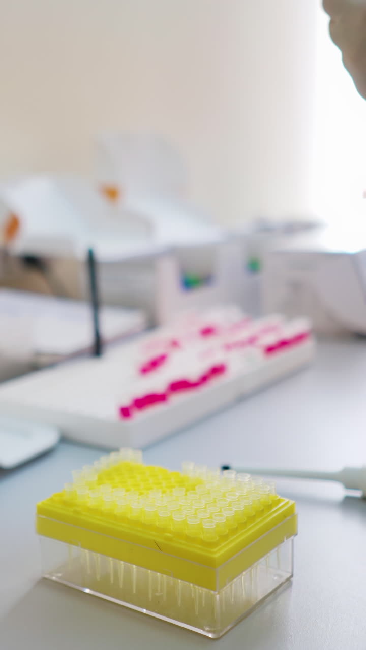 Test tubes on the table in the laboratory. Medical worker in sterile gloves conducts experiments with samples in clinic. Healthcare concept. Vertical video