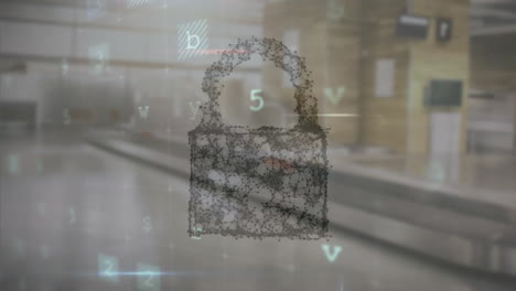 animation of cyber security warning text and padlock over office