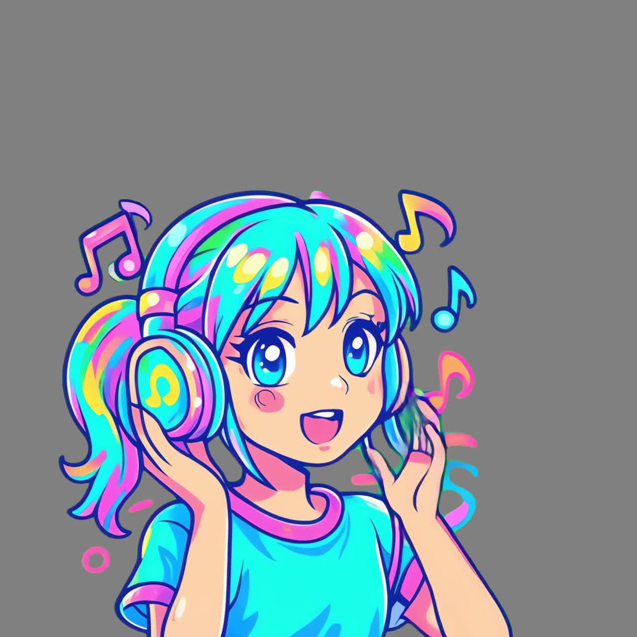 Animazione di una ragazza anime colorata che ascolta musica, video 4K trasparente, schermo verde