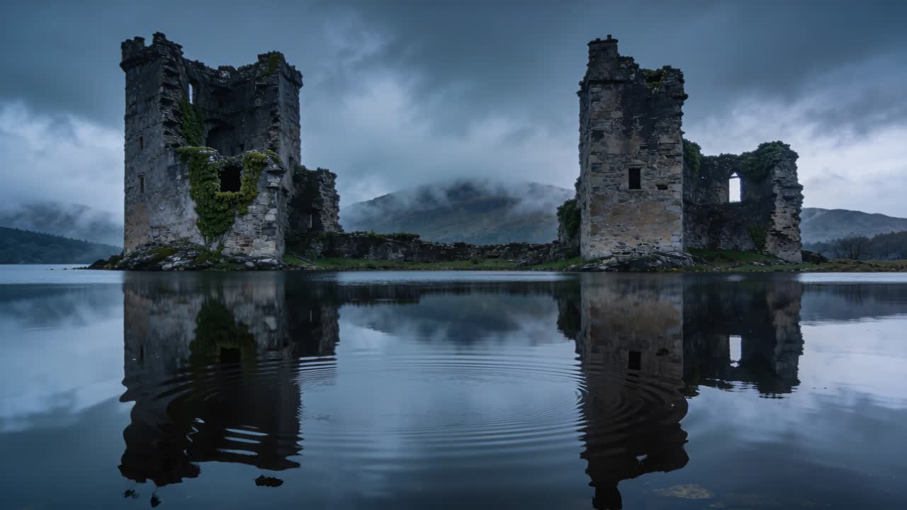 Video verticale: L'increspatura iniziale si espande e distorce il riflesso di un castello in rovina per il motion design.