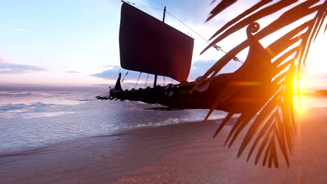 un barco de guerra vikingo se encuentra al atardecer en la playa de una isla tropical. concepto sobre el tema de los vikingos y la edad media temprana. animación en bucle.