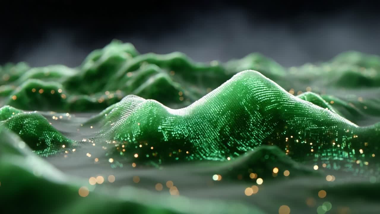 Mesmerizing Digital Landscape with Lush Green Mountains and Sparkling Particles Under a Misty Atmosphere, Capturing the Beauty of Nature in a Virtual Realm