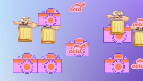 Animation-of-ootd-text-perfume-and-camera-repeated-on-blue-background