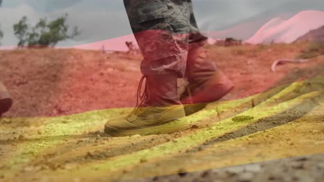 animation of flag of germany over diverse male soldiers walking