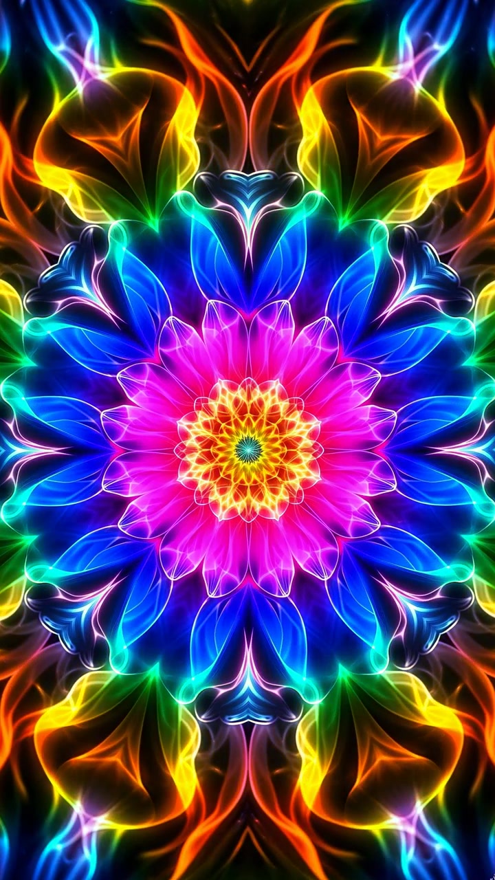 Un vivido fiore astratto sboccia al centro della clip, con un nucleo giallo brillante, petali rosa e arancioni a strati, e riflessi blu elettrico