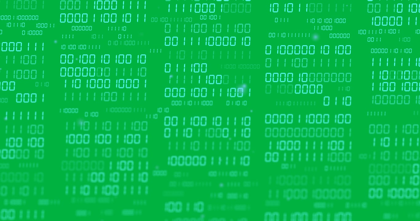 Animation of blue light spots over binary data processing on transparent background