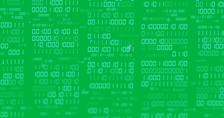 Animation of blue light spots over binary data processing on transparent background