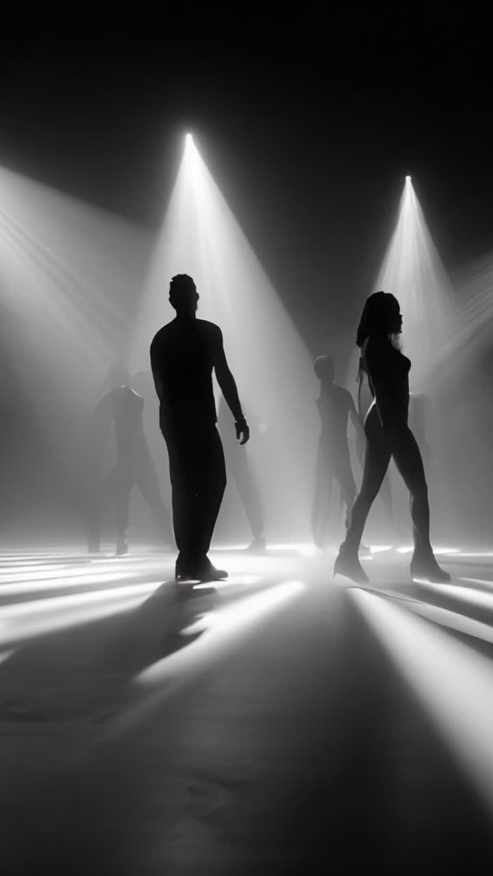 Dramatic Silhouettes of Dancers in Spotlight: Captivating Performers Move Gracefully in an Atmospheric Setting with Dynamic Lighting Effects