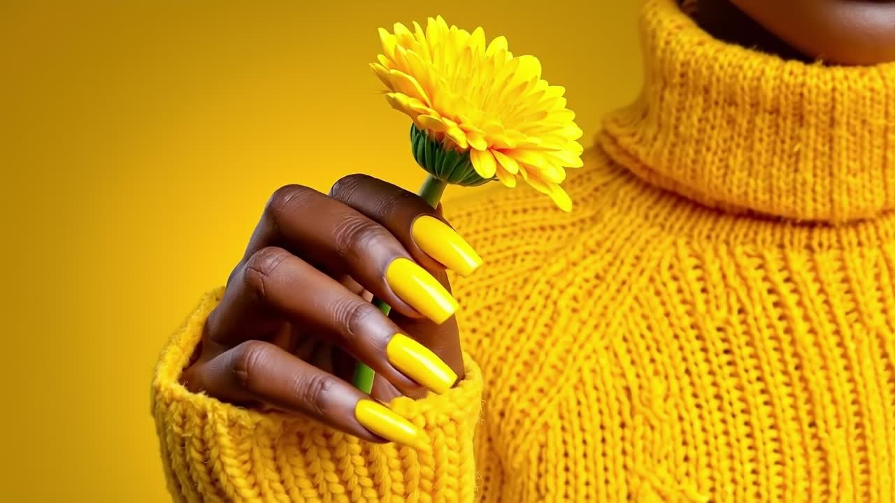 Uma mulher segurando uma flor amarela na mão