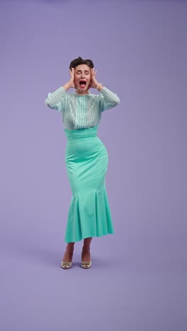 woman in vintage outfit expressing various emotions