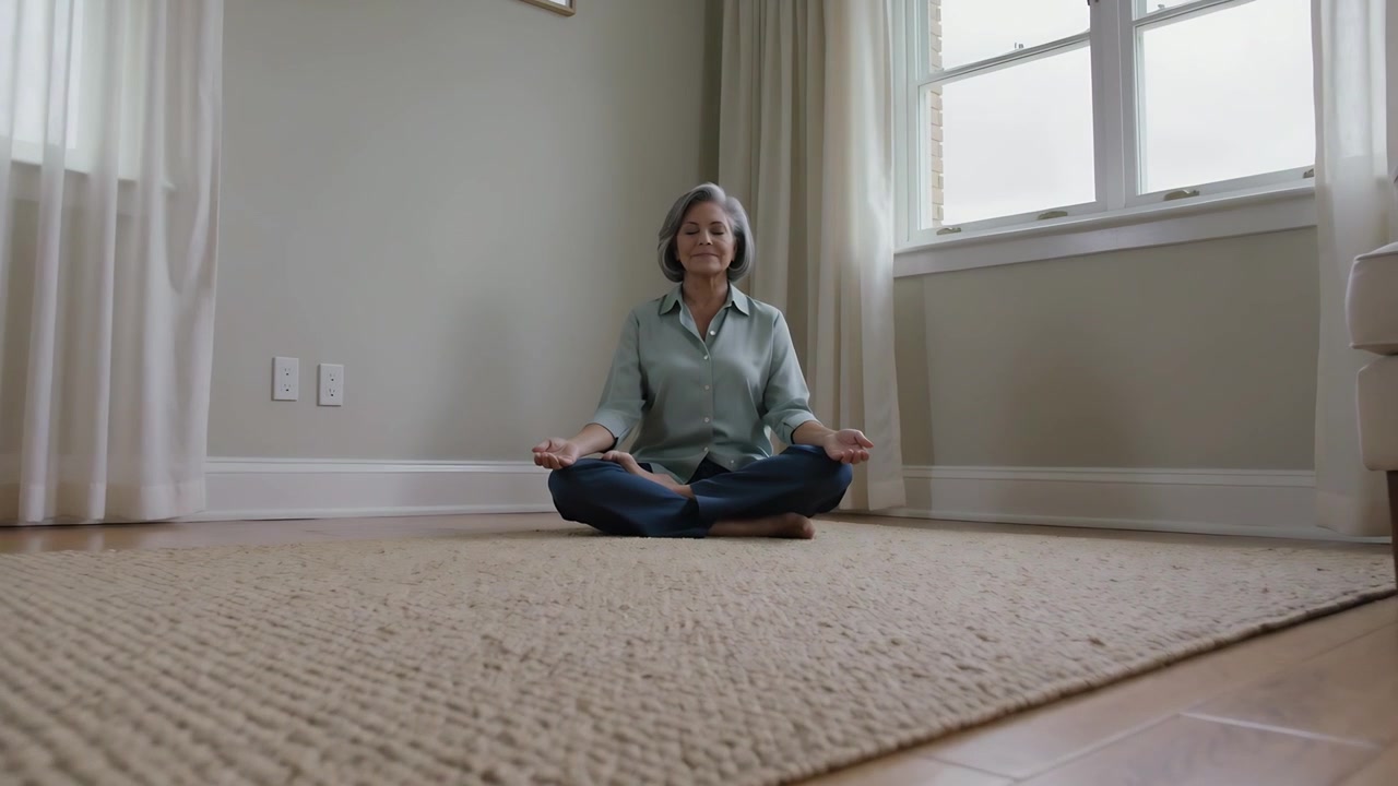 La telecamera si inclina, una donna anziana chiude gli occhi e si immerge nella meditazione su un tappeto intrecciato a casa, con calma.