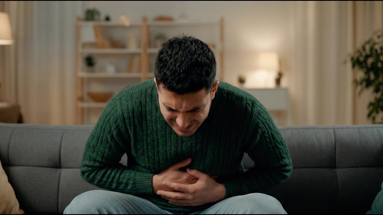 Man sitting with hands on abdomen showing symptoms of stomach ache and distress