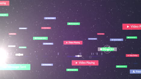 animation of cursors over social media icons and text on multi coloured banners on night sky