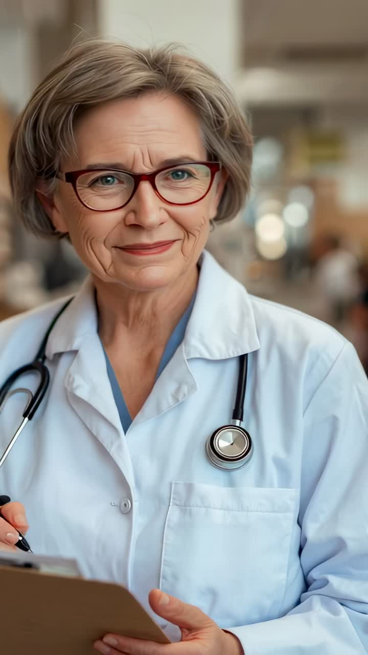 Vertical video: Reviewing notes, senior physician lifting gaze and smiling in clinic with clipboard