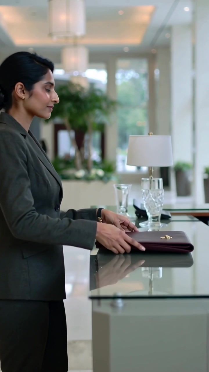 Video verticale: Donna in tailleur che entra da sinistra, cammina verso il bancone della reception e posa una cartella di pelle per fare il check-in.