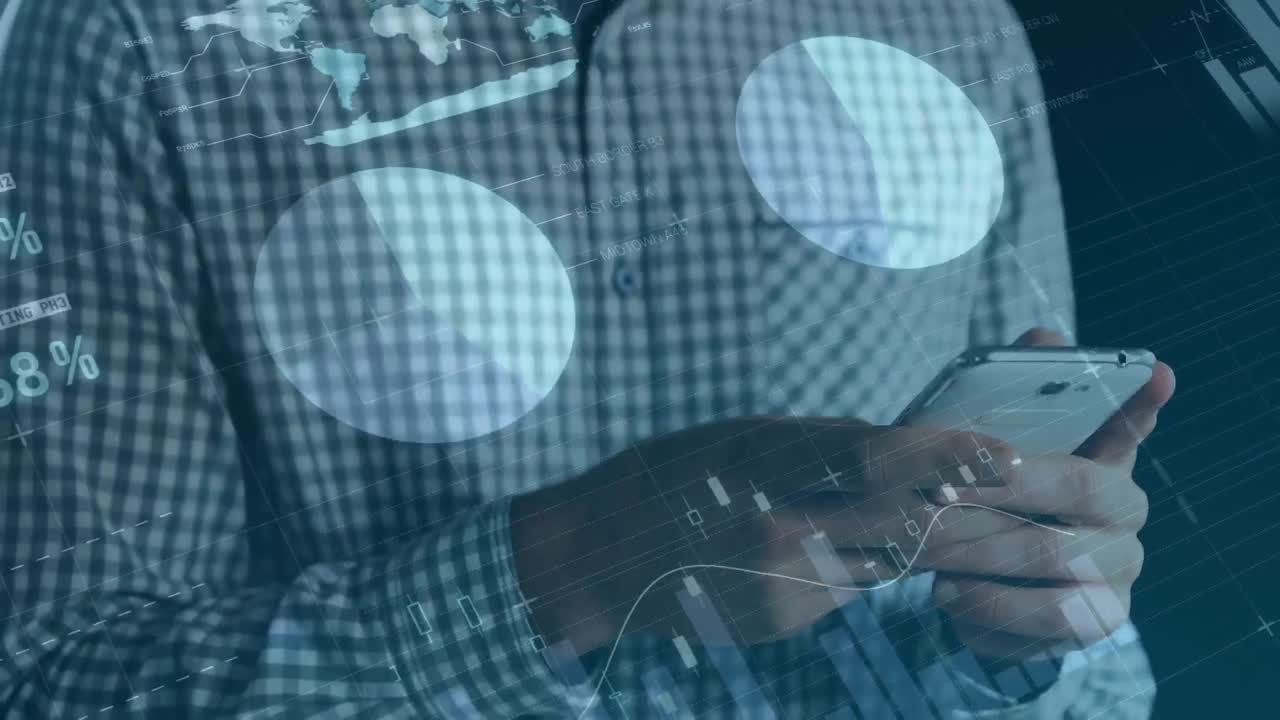 Animation of financial data processing over caucasian man using smartphone