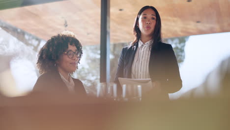documents, asian woman or business people