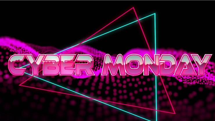 Animation of cyber monday text over moving wave