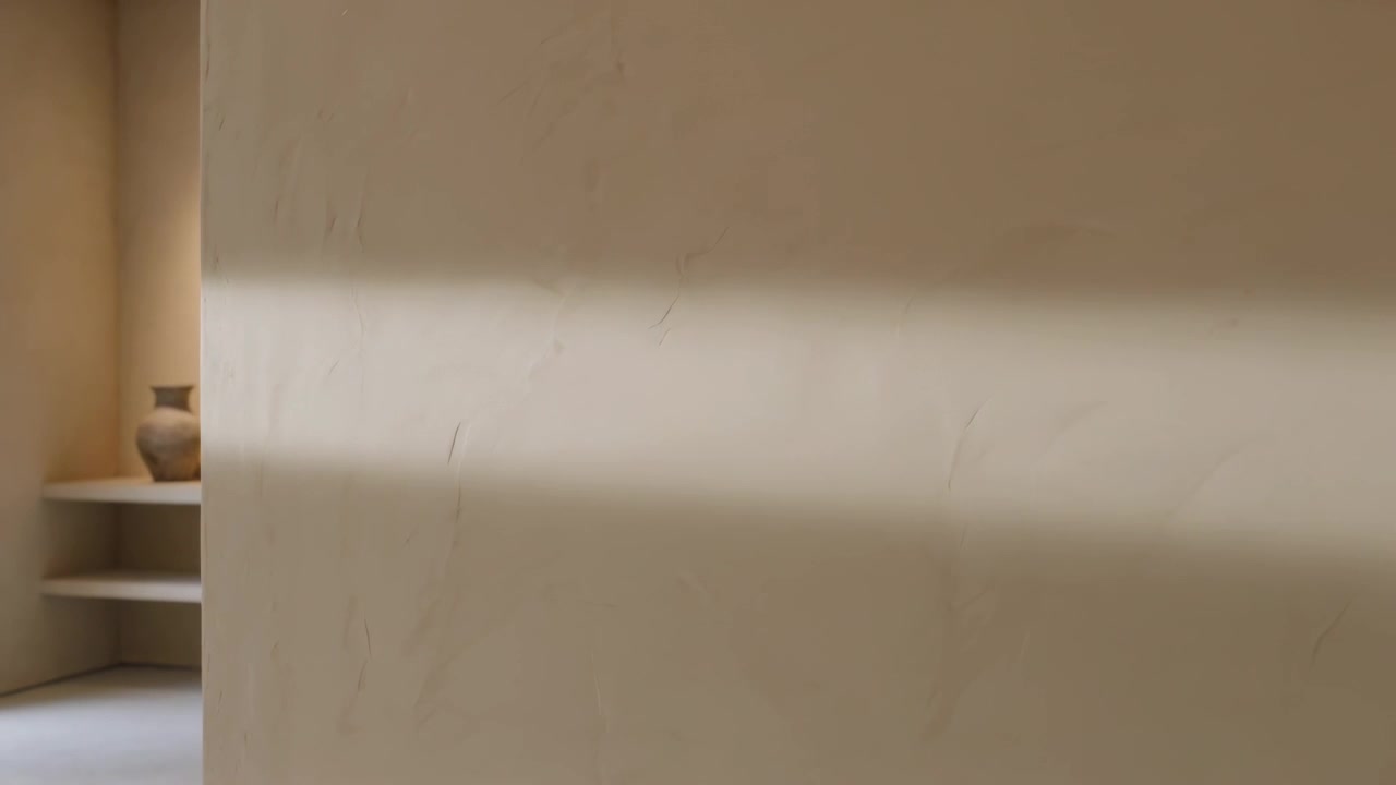 Luce della finestra in movimento che crea bande mobili su una parete di gesso in una stanza calda, rivelando un vaso in una nicchia.