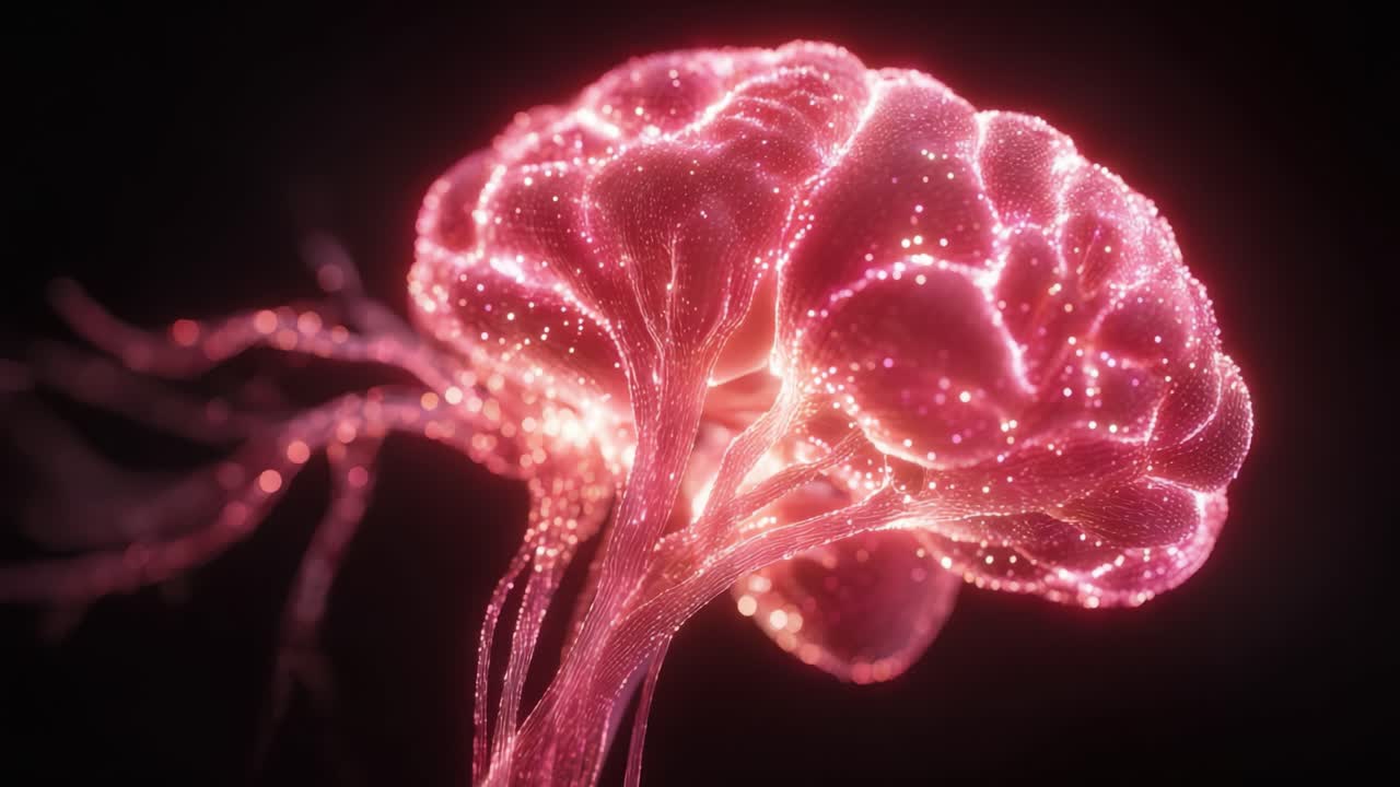 Uma Visualização Deslumbrante de um Cérebro com Conexões Radiantes e Brilhantes, Exibindo Atividade Neural e Interações Sinápticas em um Design Futurista.