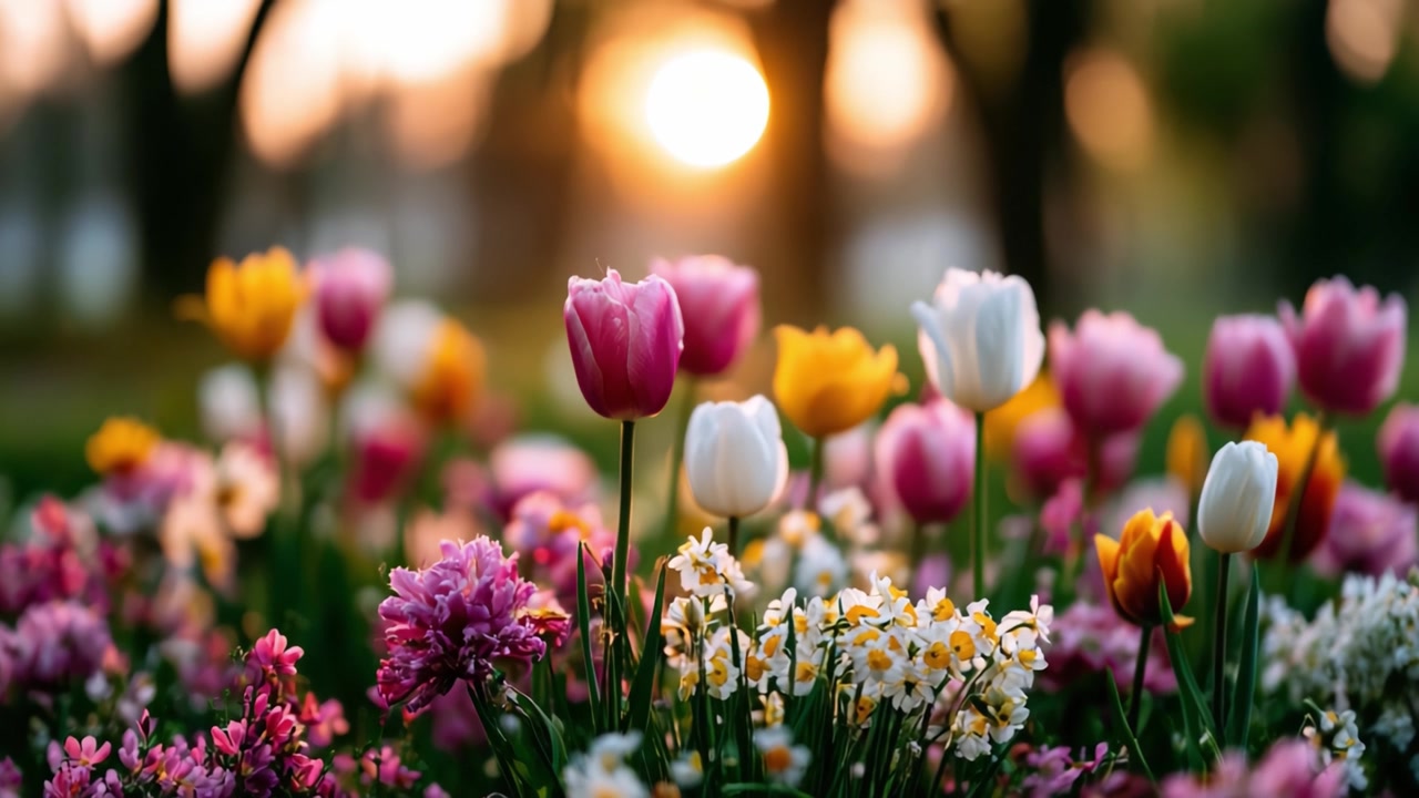 Captivating Sunset Over a Vibrant Floral Display: A Serene Evening in a Lush Garden of Mixed Blooms with Vivid Colors and Soft Sunlight
