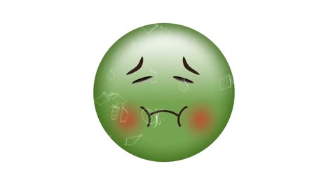 디지털 아이콘의 디지털 애니메이션이  ⁇  배경에 구토하는 얼굴 이모티콘으로 떨어집니다.