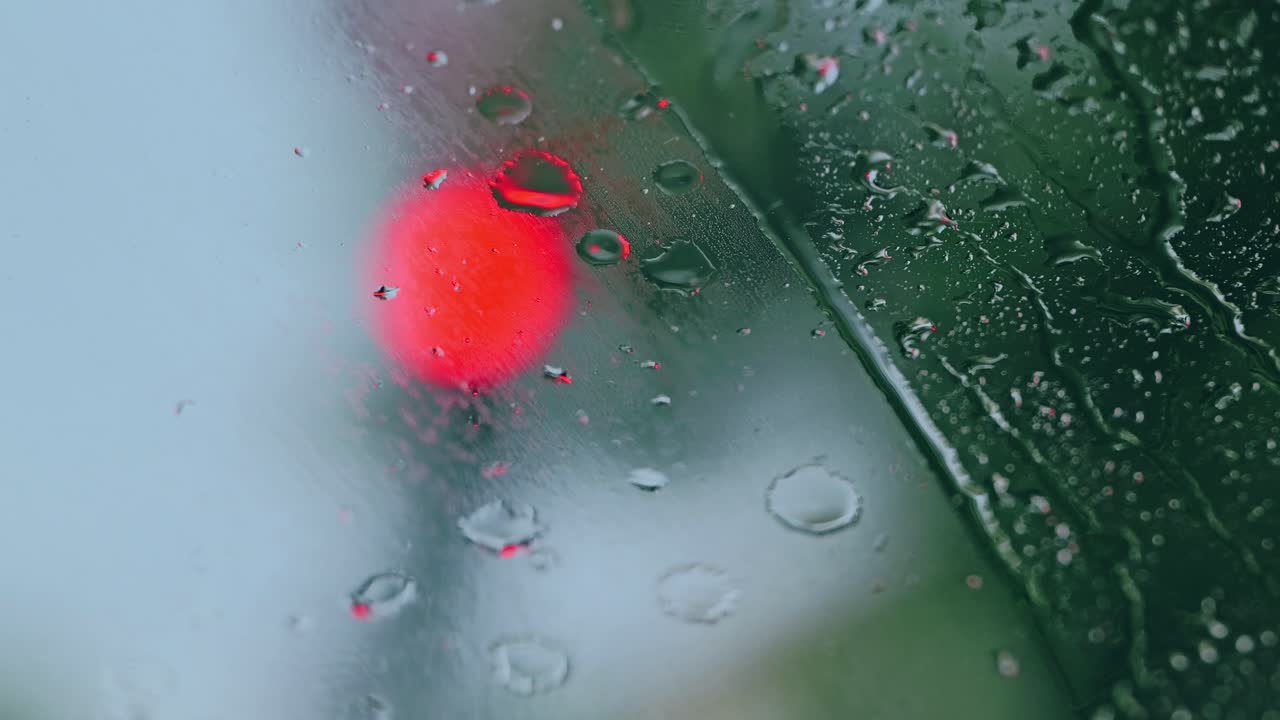 Wipers clear rain as glowing red traffic signal reflects on car windshield glass