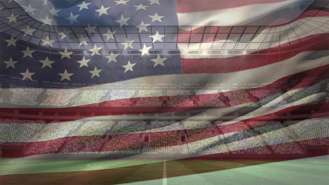 bandera estadounidense contra un estadio lleno en un día soleado