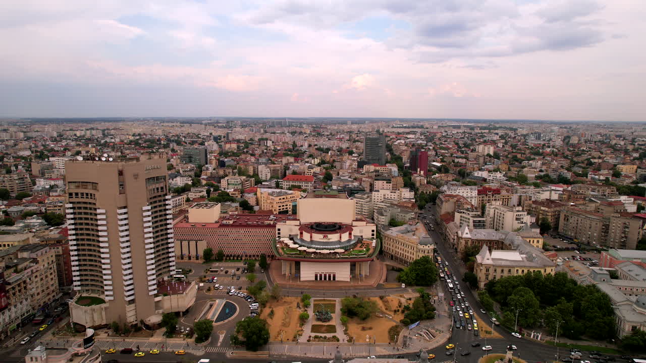Congested traffic in Bucharest city centre. Aerial view at sunrise