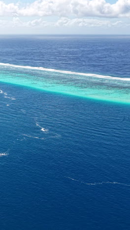 french polynesia, vertical drone shot of coral reef barrier, lagoon and south pacific ocean horizon