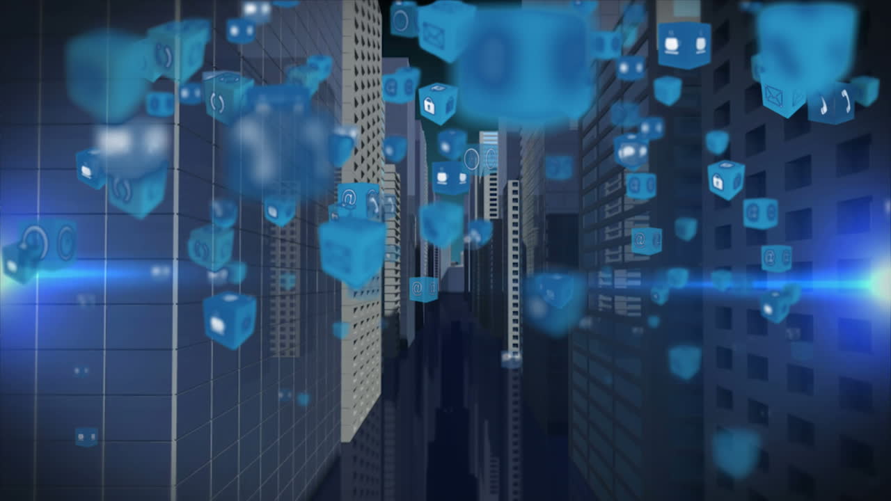 Animation of digital icons floating over 3d buildings model against light trail on blue background