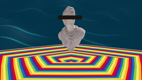 animación de la estatua sobre una superficie hexagonal de color en movimiento con fondo azul