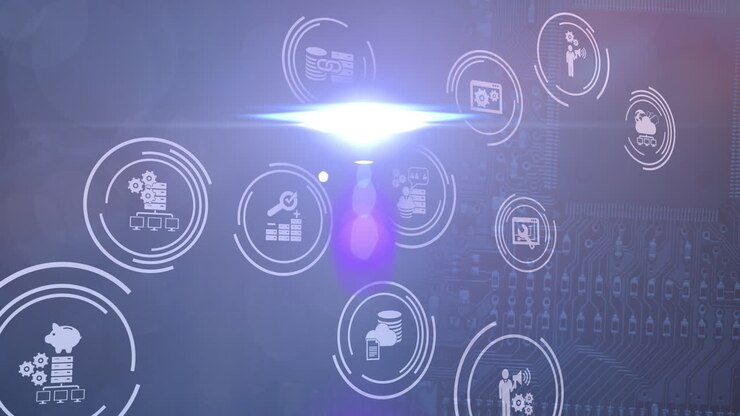 Animation of icons and light on navy background