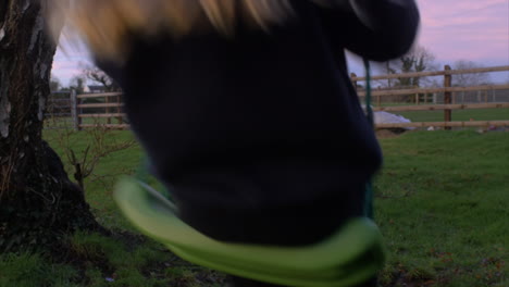 a cute little girl with beautiful hair swinging on a swing at sunset in the countryside. zoom out