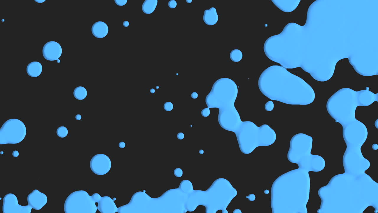 Abstract flowing blue liquid and splashes spots on black gradient