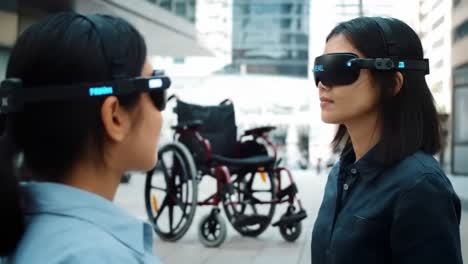 two individuals are engaged in a dialogue while wearing advanced eyewear designed to assist in navigating urban environments.